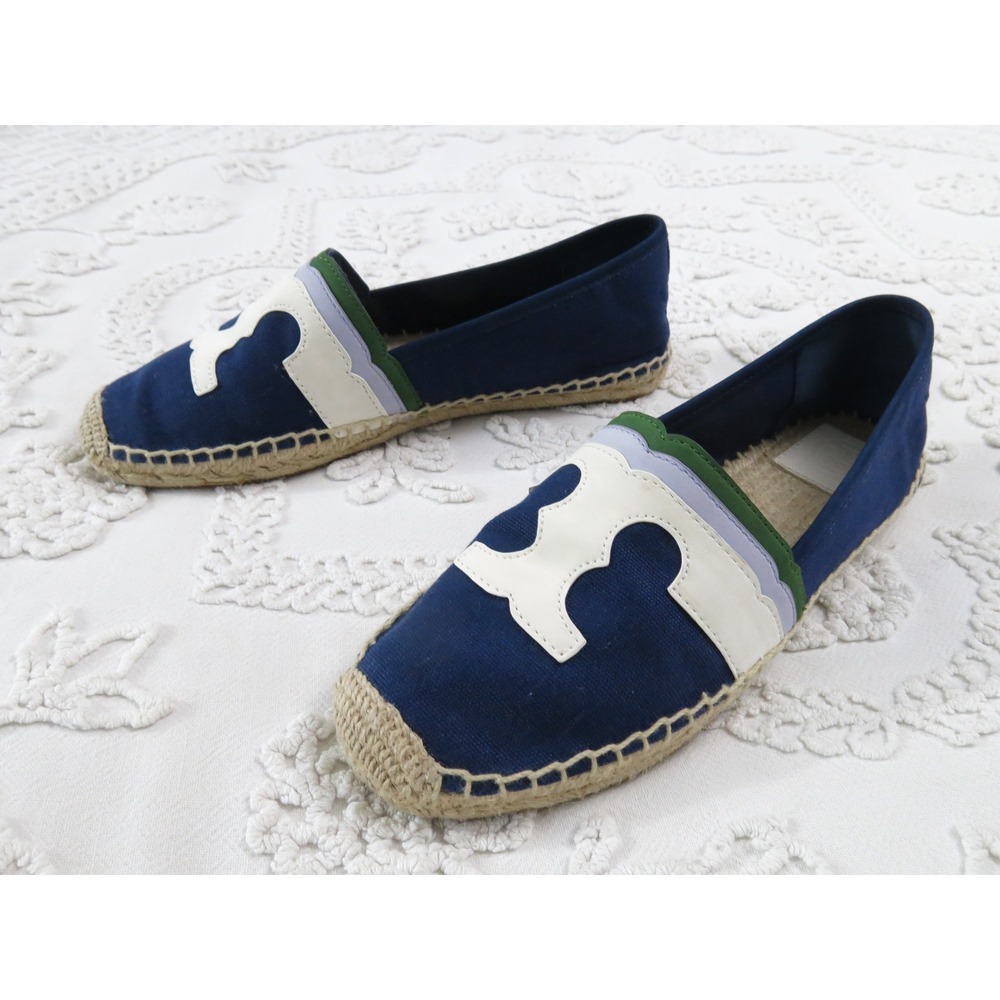 Tory Burch Laguna Navy Blue Canvas Espadrille Flats Womens 9 Logo Slip On Flats